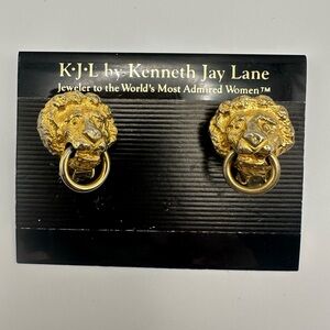 Kenneth Jay Lane Lion Ring Gold Tone Clip Earrings New on Card Vtg New KJL NOS